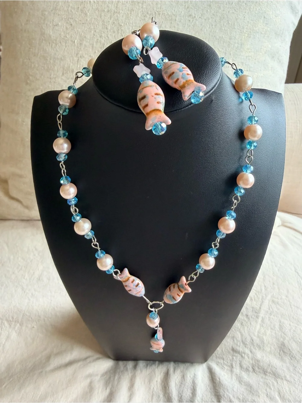 Handcrafted Blue Pearl & Glass Bead Necklace and Earrings Set